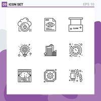 Universal Icon Symbols Group of 9 Modern Outlines of building light computing idea close salon Editable Vector Design Elements