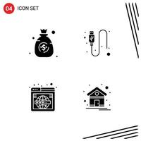 Set of 4 Commercial Solid Glyphs pack for bag web cable wire world Editable Vector Design Elements