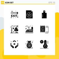 Set of 9 Commercial Solid Glyphs pack for condom train preparation railway recreation Editable Vector Design Elements