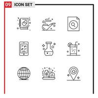 Pack of 9 Modern Outlines Signs and Symbols for Web Print Media such as test flask file tube music Editable Vector Design Elements