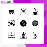 Set of 9 Vector Solid Glyphs on Grid for lock recycle process ecology drop Editable Vector Design Elements