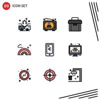 Pack of 9 Modern Filledline Flat Colors Signs and Symbols for Web Print Media such as mobile spring marketing rainbow suitcase Editable Vector Design Elements