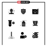 Modern Set of 9 Solid Glyphs Pictograph of weight nutrition building space heart Editable Vector Design Elements