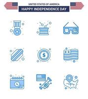 paquete de feliz día de la independencia de 9 signos y símbolos de blues para estados de dinero independencia hotdog usa elementos de diseño de vector de día de estados unidos editables