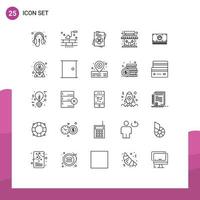 User Interface Pack of 25 Basic Lines of cash money passport store market store Editable Vector Design Elements