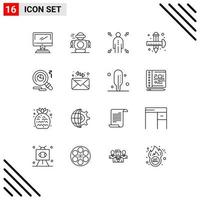 16 User Interface Outline Pack of modern Signs and Symbols of research drawing robot draw art Editable Vector Design Elements