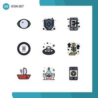 Mobile Interface Filledline Flat Color Set of 9 Pictograms of plate navigation phone menu circle Editable Vector Design Elements