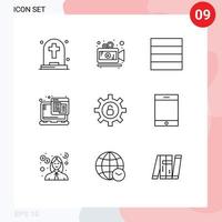 Set of 9 Commercial Outlines pack for ipad settings wireframe security web Editable Vector Design Elements