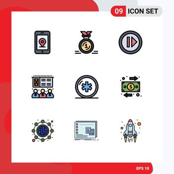 Mobile Interface Filledline Flat Color Set of 9 Pictograms of healthcare ambulance audio training lecture Editable Vector Design Elements