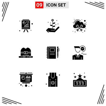 9 Solid Glyph concept for Websites Mobile and Apps pencil drawing hosting sketch notebook hat Editable Vector Design Elements