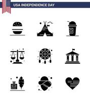 USA Independence Day Solid Glyph Set of 9 USA Pictograms of decoration scale america law court Editable USA Day Vector Design Elements