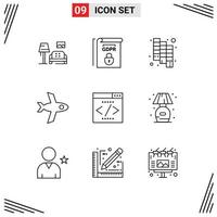 Pack of 9 creative Outlines of home interface search engine catalog interface plane Editable Vector Design Elements