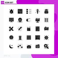 25 User Interface Solid Glyph Pack of modern Signs and Symbols of reporter microphone se mic menu Editable Vector Design Elements