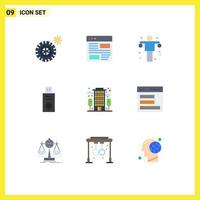 paquete de 9 signos y símbolos de colores planos modernos para medios de impresión web, como elementos de diseño de vectores editables de disco usb de edificio de oficinas