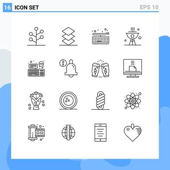 Set of 16 Vector Outlines on Grid for device chat key dinner cook Editable Vector Design Elements