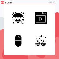 Pack of 4 creative Solid Glyphs of healthcare video page care interface media health Editable Vector Design Elements