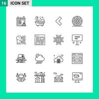 Pictogram Set of 16 Simple Outlines of process design left brain pizza Editable Vector Design Elements