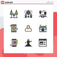 Editable Vector Line Pack of 9 Simple Filledline Flat Colors of calendar man clean energy administrator dollar Editable Vector Design Elements