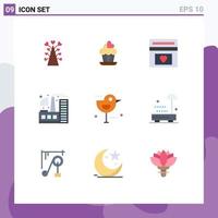 User Interface Pack of 9 Basic Flat Colors of bird industry fund factory wedding fund Editable Vector Design Elements