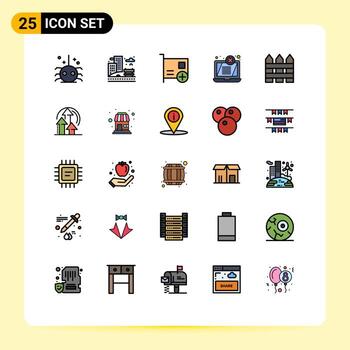 Group of 25 Modern Filled line Flat Colors Set for barricade laptop add error hardware Editable Vector Design Elements
