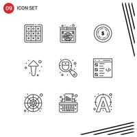 paquete de 9 signos y símbolos de contornos modernos para medios de impresión web, como el control de flechas anchas, elementos de diseño de vectores editables maony