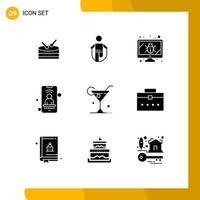 Set of 9 Modern UI Icons Symbols Signs for wine glass monitor phone user Editable Vector Design Elements