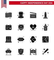 Set of 16 Vector Solid Glyphs on 4th July USA Independence Day such as day washington movis usa monument Editable USA Day Vector Design Elements