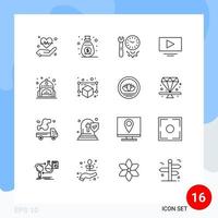 Stock Vector Icon Pack of 16 Line Signs and Symbols for bag youtube clock play tools Editable Vector Design Elements