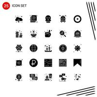 User Interface Pack of 25 Basic Solid Glyphs of coins video medical play public transport Editable Vector Design Elements