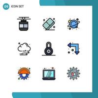 Mobile Interface Filledline Flat Color Set of 9 Pictograms of lock weather paint night space Editable Vector Design Elements