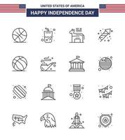 Paquete de 16 líneas de EE. UU. De signos y símbolos del día de la independencia de celebración de fuegos artificiales de burro festivo de bola elementos de diseño de vector de día de EE. UU. editables