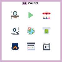 User Interface Pack of 9 Basic Flat Colors of globe security video search team Editable Vector Design Elements