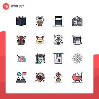 16 Thematic Vector Flat Color Filled Lines and Editable Symbols of love rabbit flask lotus bucket Editable Creative Vector Design Elements