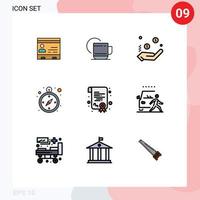 Pack of 9 Modern Filledline Flat Colors Signs and Symbols for Web Print Media such as navigation compass hot hand currency Editable Vector Design Elements