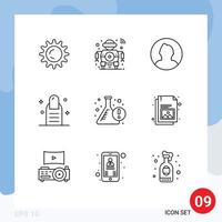 Pack of 9 Modern Outlines Signs and Symbols for Web Print Media such as flask beaker avatar salon beauty Editable Vector Design Elements