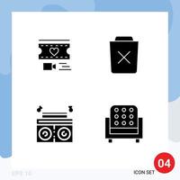 Solid Glyph Pack of 4 Universal Symbols of filam music wedding delete radio Editable Vector Design Elements