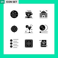 Group of 9 Modern Solid Glyphs Set for drink beverage building beach shooting board Editable Vector Design Elements
