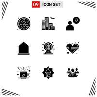 Pack of 9 Modern Solid Glyphs Signs and Symbols for Web Print Media such as play fun heart wheel hut Editable Vector Design Elements