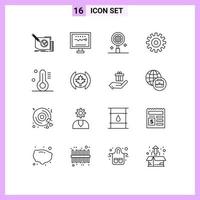 Group of 16 Modern Outlines Set for cogs setting heartbeat gear gear Editable Vector Design Elements