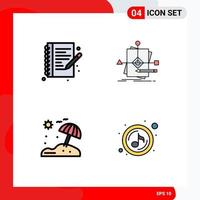 4 Thematic Vector Filledline Flat Colors and Editable Symbols of hobbies beach note book foretelling vacation Editable Vector Design Elements