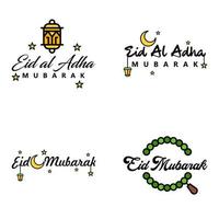 Modern Pack of 4 Vector Illustrations of Greetings Wishes For Islamic Festival Eid Al Adha Eid Al Fitr Golden Moon Lantern with Beautiful Shiny Stars