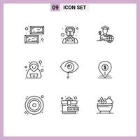 Group of 9 Modern Outlines Set for knowledge exclamation avatar curious hacker Editable Vector Design Elements