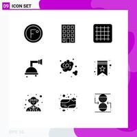 Mobile Interface Solid Glyph Set of 9 Pictograms of bookmark co gird carbon dioxide shower Editable Vector Design Elements