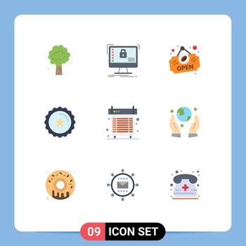 paquete de color plano de 9 símbolos universales del sistema de comercio electrónico de computadora signo de descuento elementos de diseño vectorial editables vector