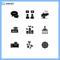 Pack of 9 creative Solid Glyphs of investment device big gun service hotel Editable Vector Design Elements