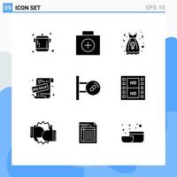 Set of 9 Commercial Solid Glyphs pack for pills medical party frock sale promotion promotional offer Editable Vector Design Elements