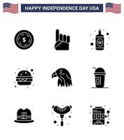 9 signos de glifos sólidos para el día de la independencia de EE. UU. Águila americana botella pájaro comida editable día de EE. UU. Elementos de diseño vectorial vector