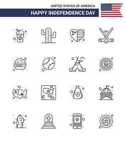 16 USA Line Pack of Independence Day Signs and Symbols of fast food american heart sport hokey Editable USA Day Vector Design Elements