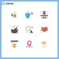 Mobile Interface Flat Color Set of 9 Pictograms of search pestle human mortar cooking Editable Vector Design Elements