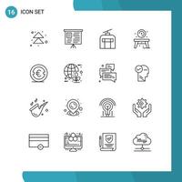 Modern Set of 16 Outlines and symbols such as investment euro traveling coin table Editable Vector Design Elements